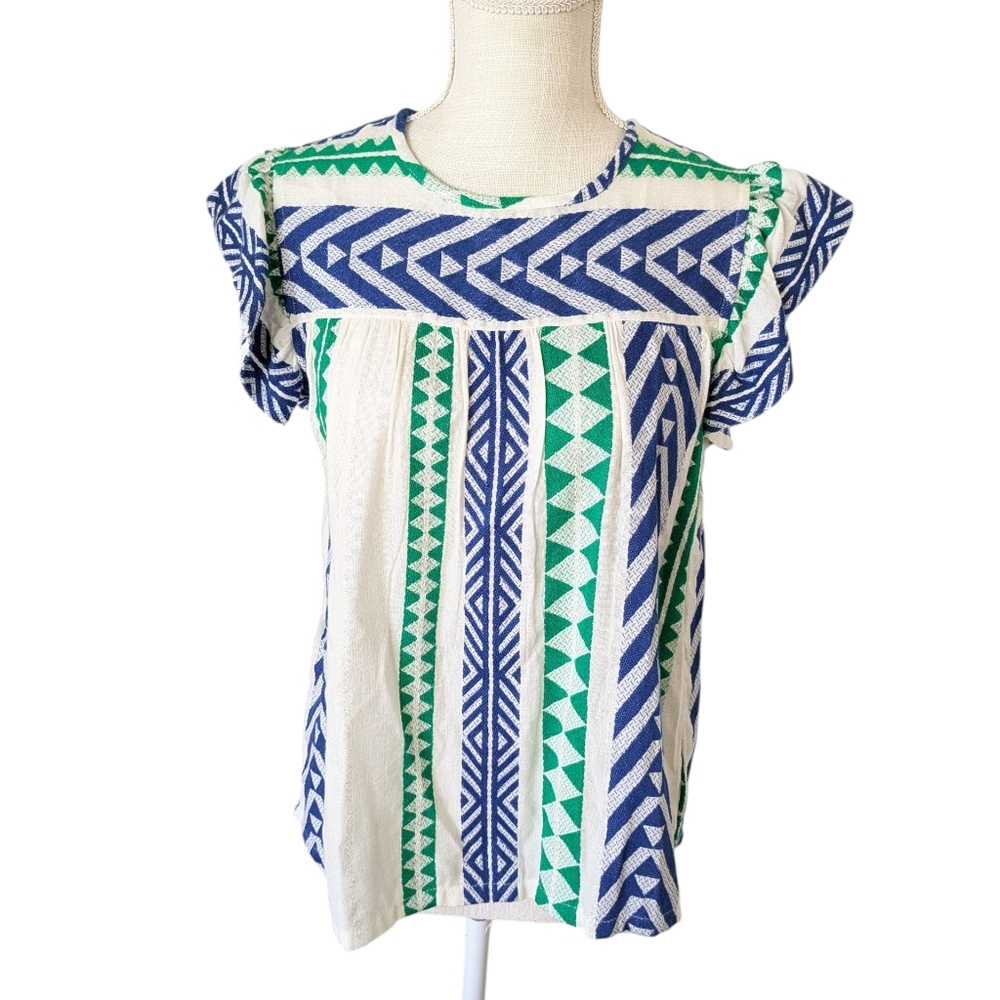 THML‎ Boho Festival Aztec Ruffle Sleeve Tank Top Size XS Blue Green Metallic
